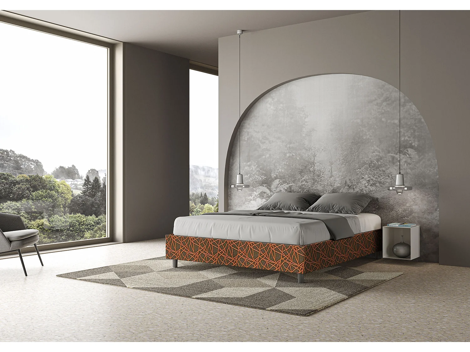 Cama de casal queen size con estrado estofada sem cabeceira 160x190 tecido Era 04 laranja Azelia