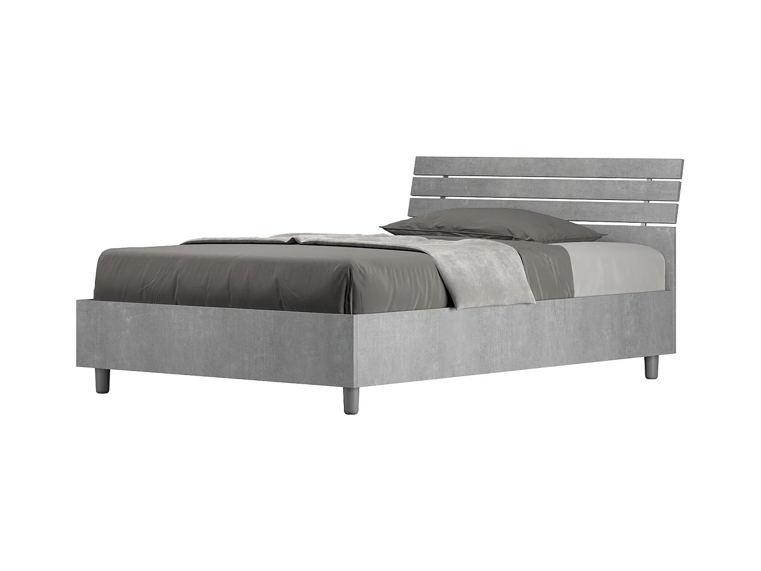 Lit 1 place et demi avec sommier 120x200 tête de lit inclinée avec des lames gris béton Ankel