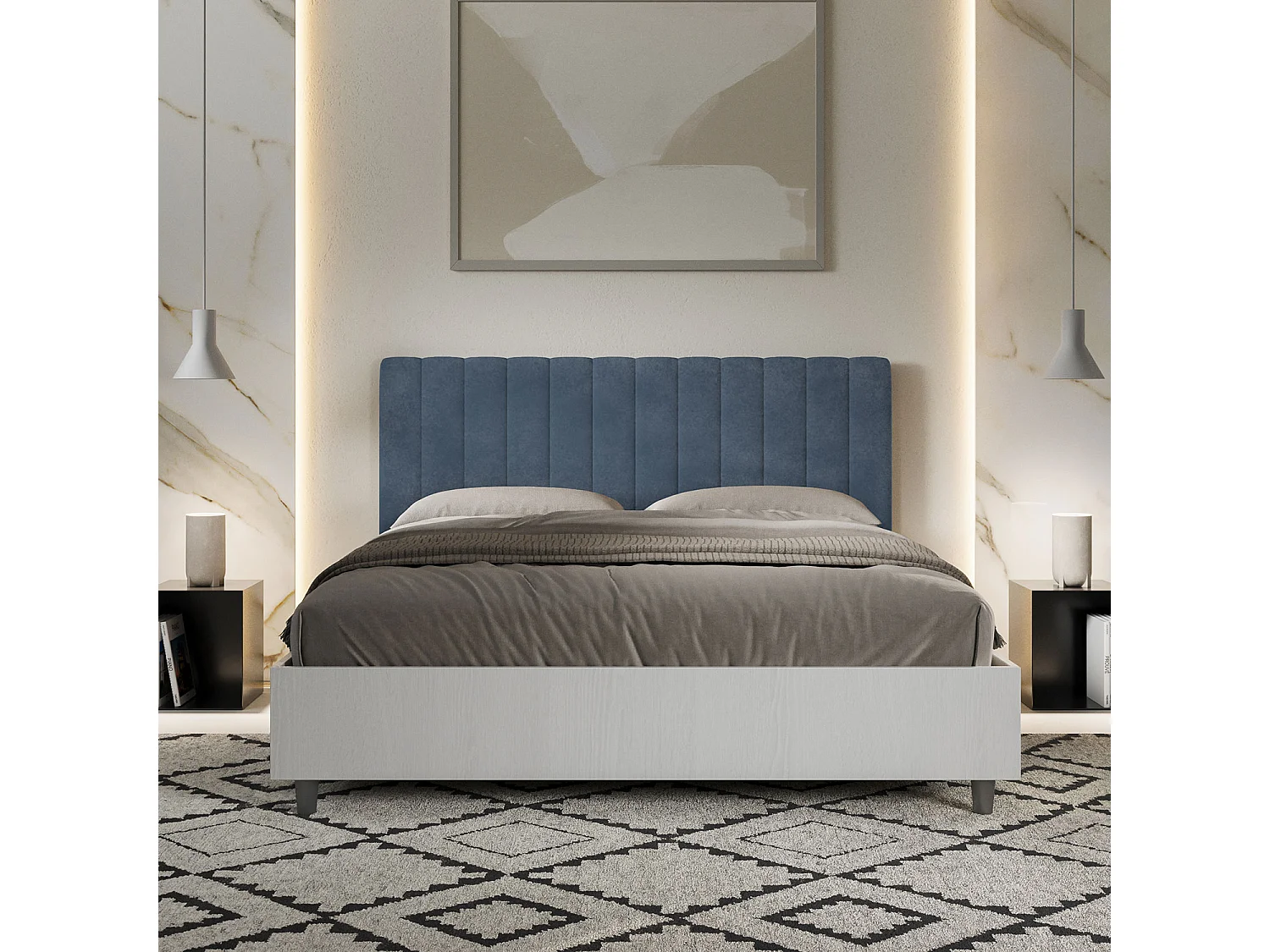 Lit sans sommier 160x190 structure frêne blanc tête de lit microfibre bleu Kaia