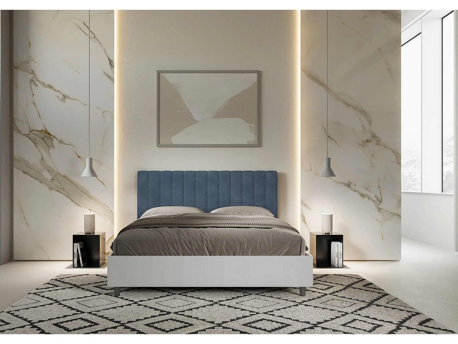 Lit sans sommier 160x190 structure frêne blanc tête de lit microfibre bleu Kaia