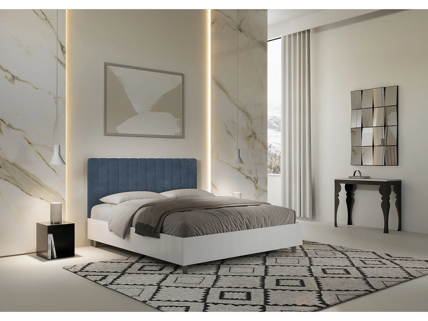 Lit sans sommier 160x190 structure frêne blanc tête de lit microfibre bleu Kaia