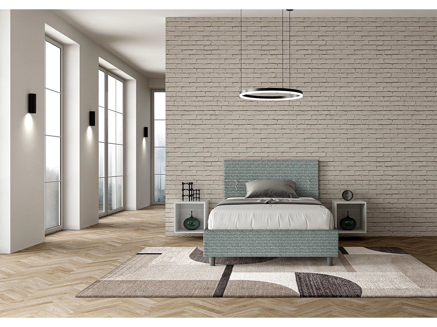 Cama de una plaza y medio con somier acolchada 120x200 tejido Aragona 7 azul claro Adele
