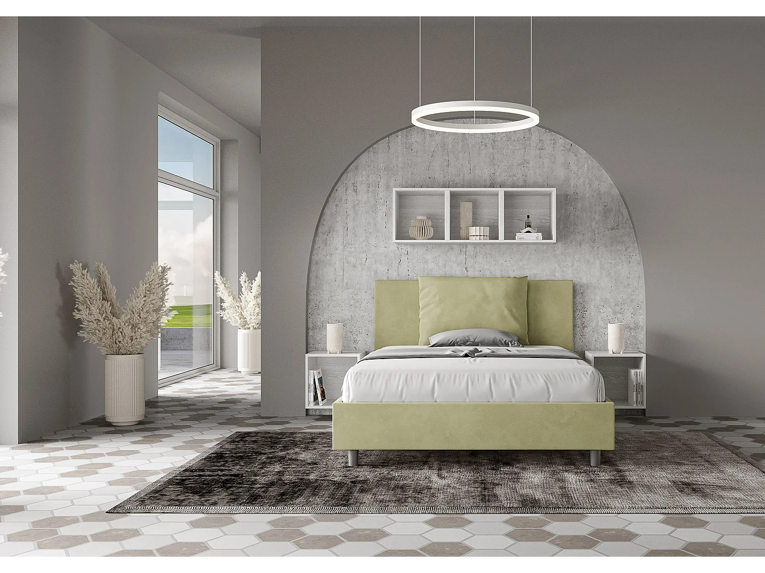Lit double sans sommier rembourré 140x190 microfibre vert Antea