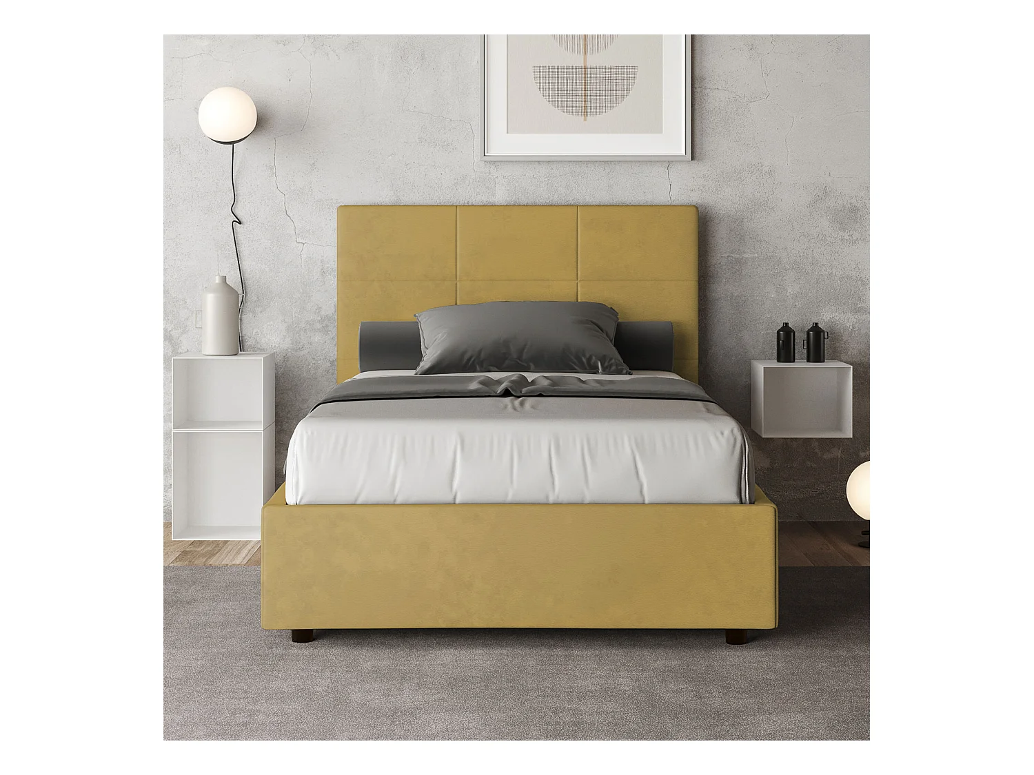 Lit 1 place et demi avec sommier rembourré 120x190 microfibre ocre Mika