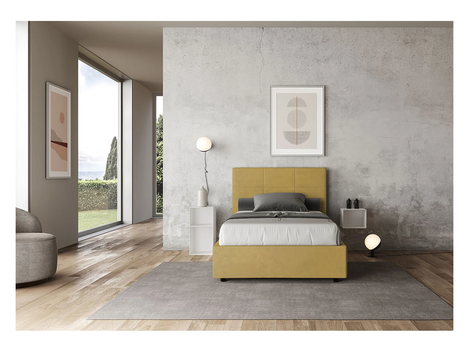 Lit 1 place et demi avec sommier rembourré 120x190 microfibre ocre Mika