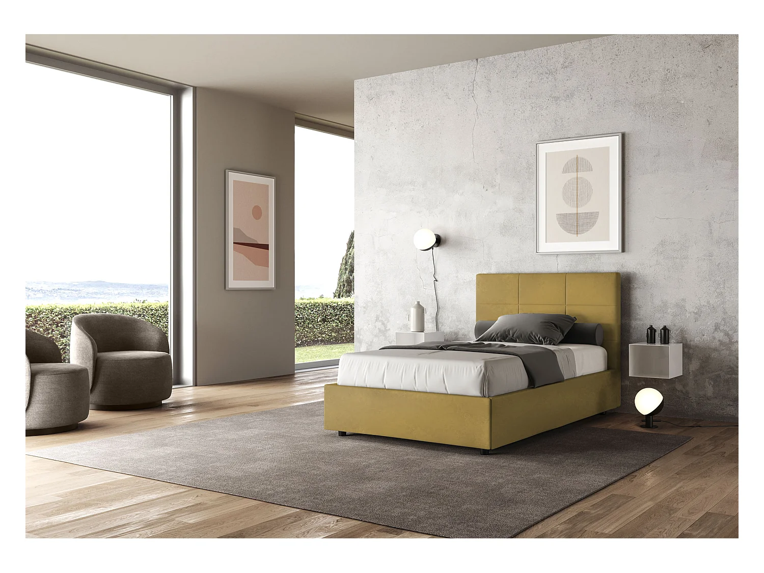 Lit 1 place et demi avec sommier rembourré 120x190 microfibre ocre Mika