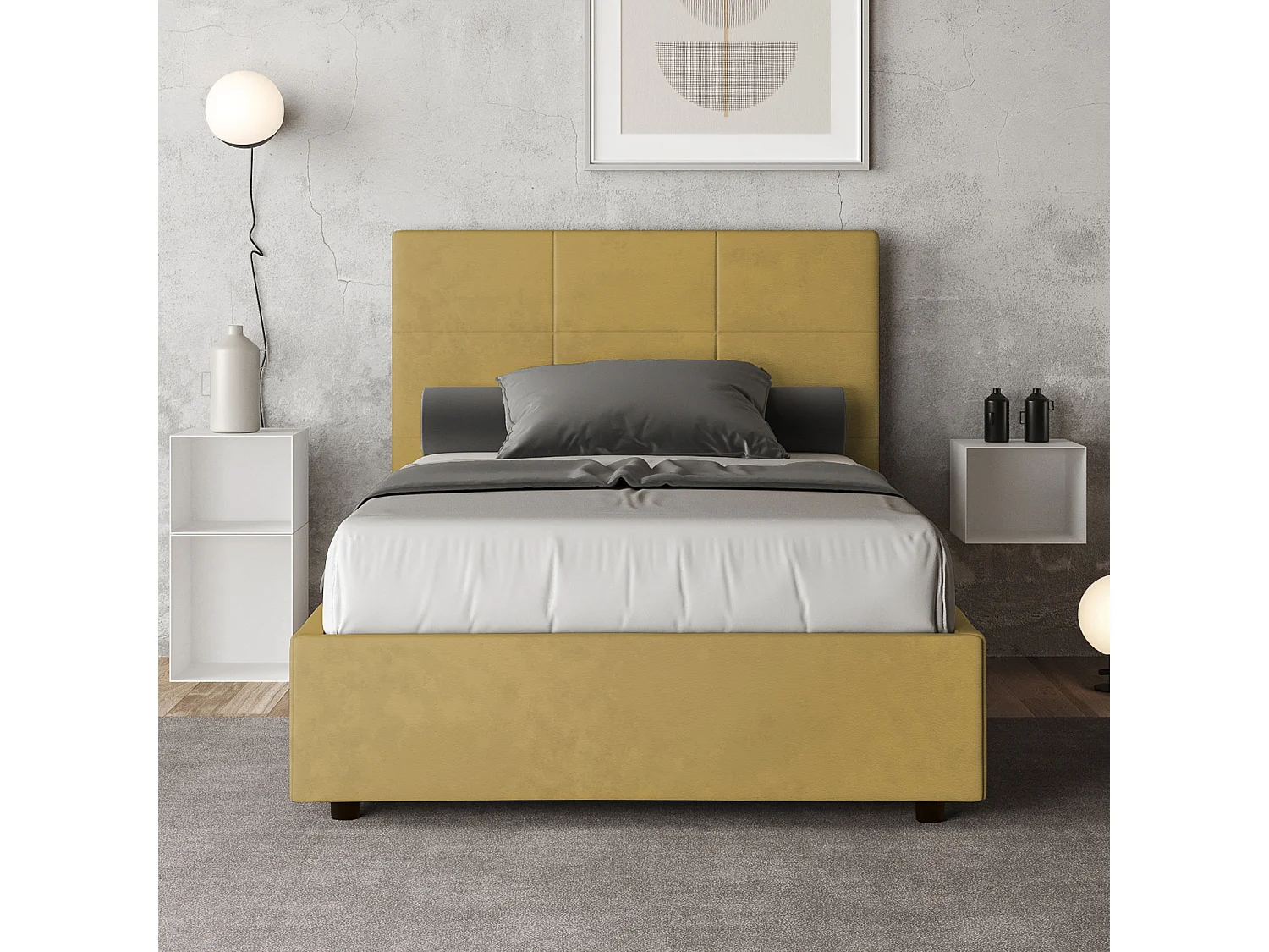 Lit 1 place et demi avec sommier rembourré 120x190 microfibre ocre Mika
