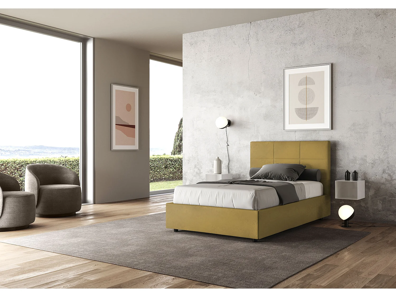 Lit 1 place et demi avec sommier rembourré 120x190 microfibre ocre Mika
