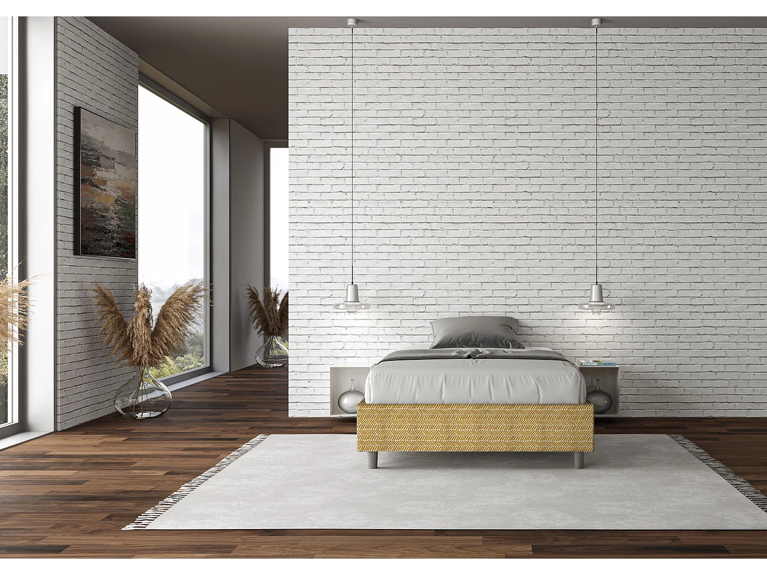 Cadre de lit 1 place et demi sans sommier rembourré 120x200 tissu Aragona 3 jaune Azelia