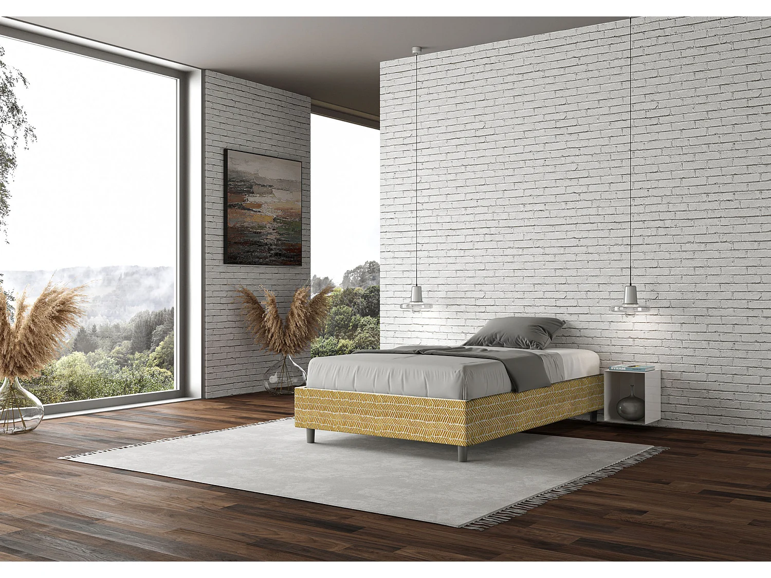 Cadre de lit 1 place et demi sans sommier rembourré 120x200 tissu Aragona 3 jaune Azelia