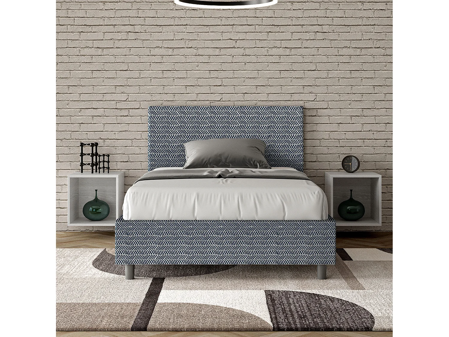 Lit 1 place et demi sans sommier rembourré 120x200 tissu Aragona 8 bleu Adele