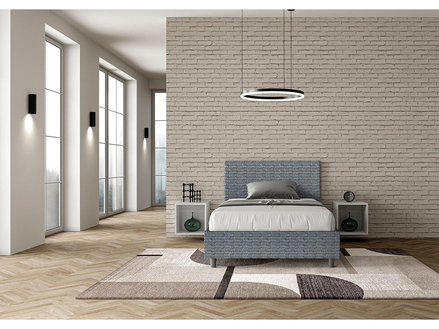 Lit 1 place et demi sans sommier rembourré 120x200 tissu Aragona 8 bleu Adele