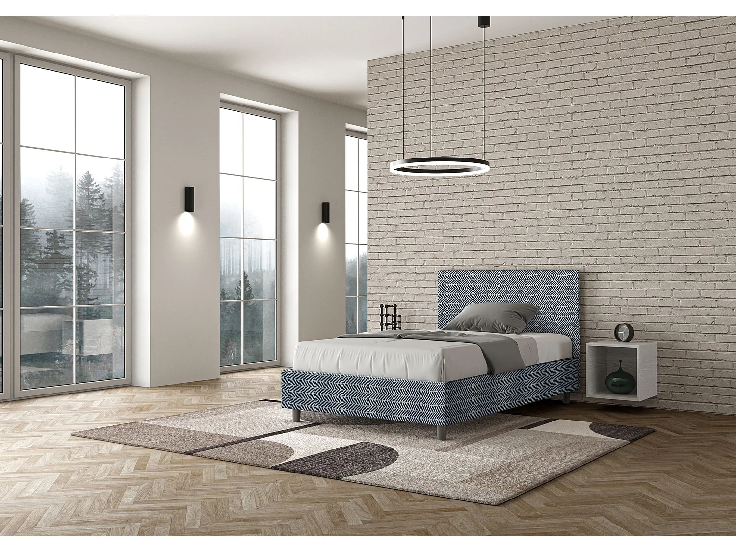 Lit 1 place et demi sans sommier rembourré 120x200 tissu Aragona 8 bleu Adele