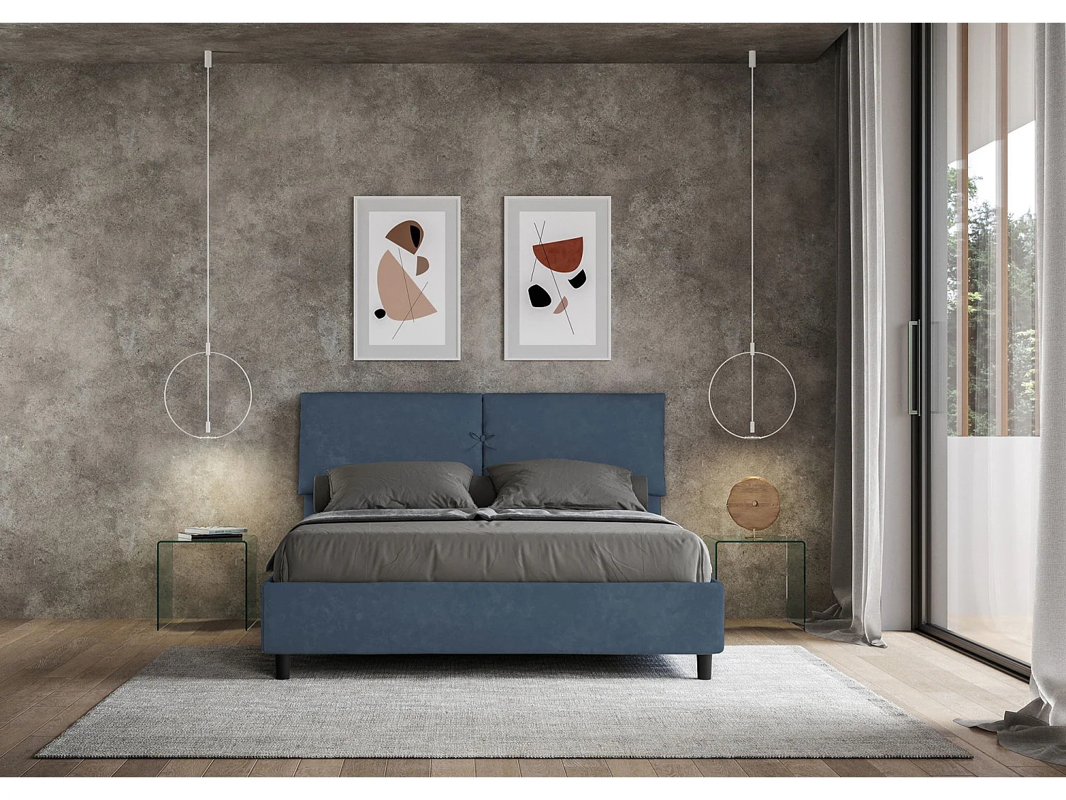 Lit avec sommier rembourré 160x190 microfibre bleu Mados