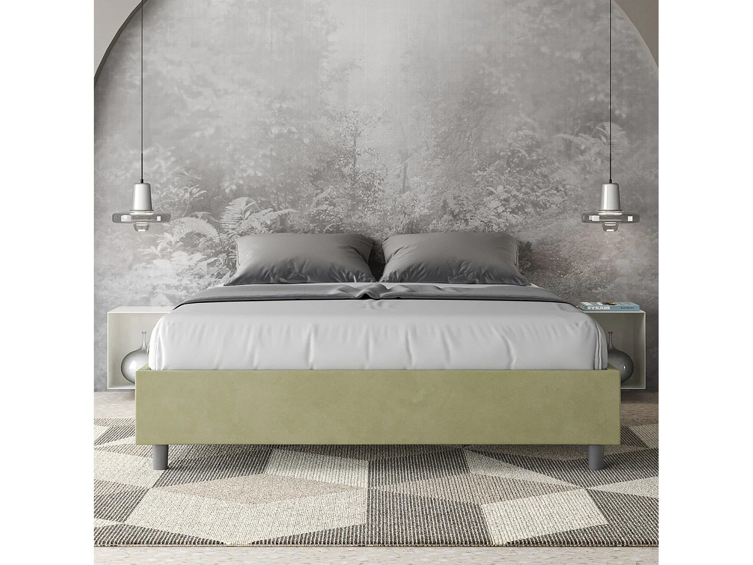 Letto senza rete imbottito 160x190 microfibra tè verde Azelia
