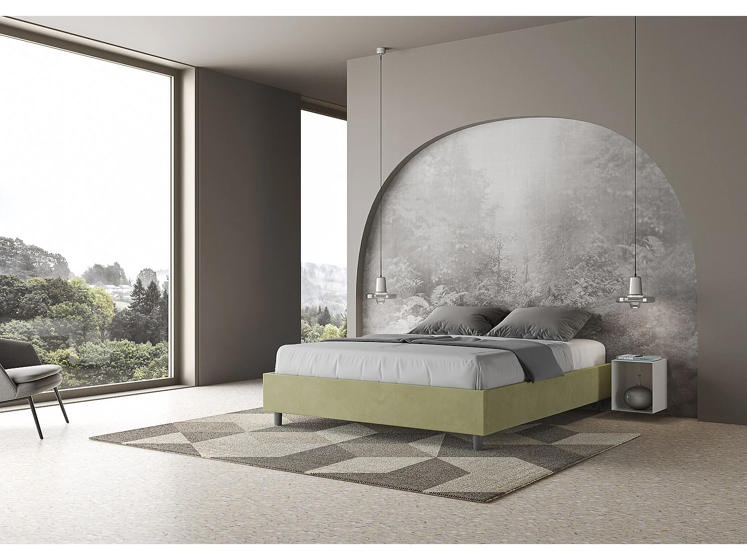 Letto senza rete imbottito 160x190 microfibra tè verde Azelia