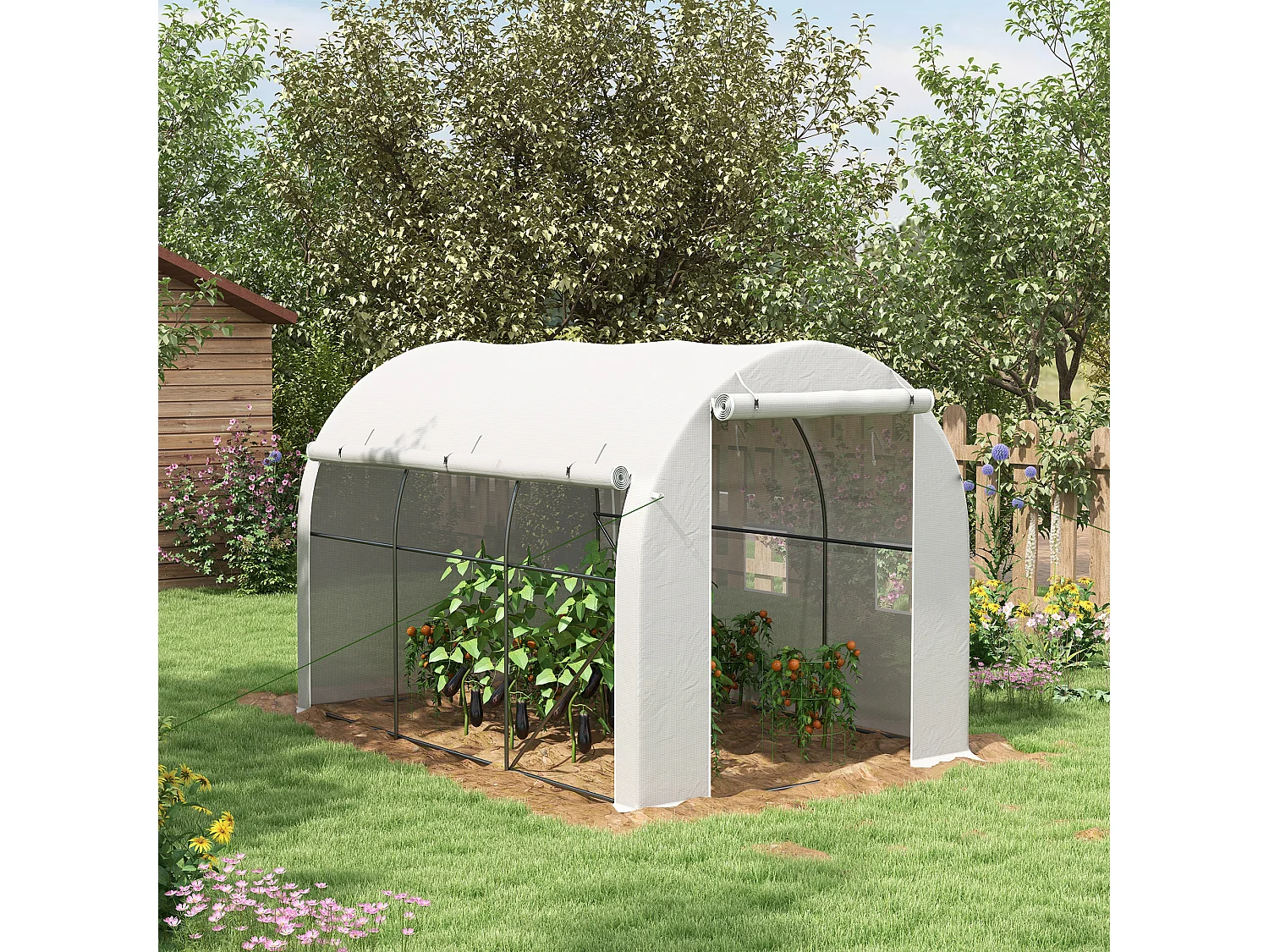 Serre de jardin tunnel 6 m² acier galvanisé renforcé dia. 1,9 cm bâche PE haute densité blanc