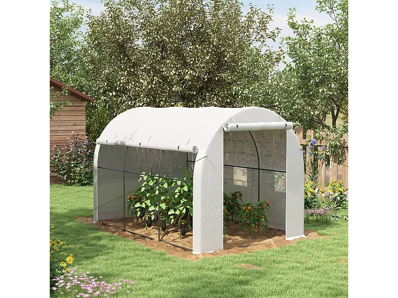 Serre de jardin tunnel 6 m² acier galvanisé renforcé dia. 1,9 cm bâche PE haute densité blanc