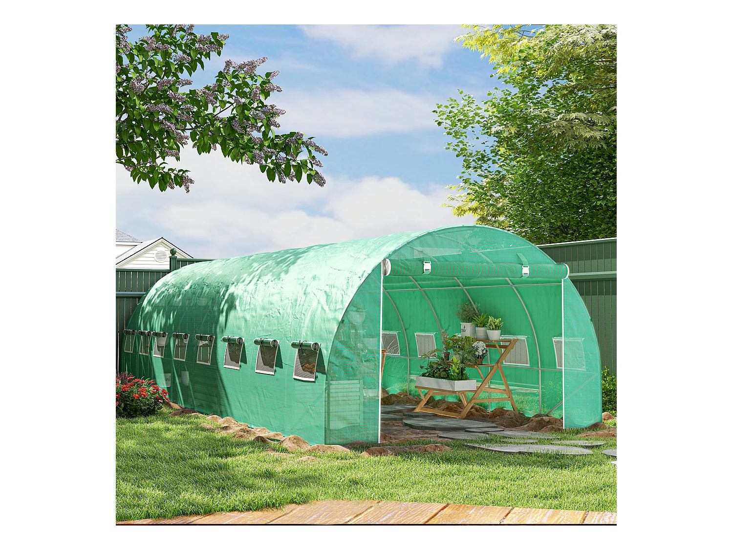 Serre tunnel 24m² dim. 8L x 3l x 2H m - 16 fenêtres, porte zippée - acier galvanisé PE haute densité vert