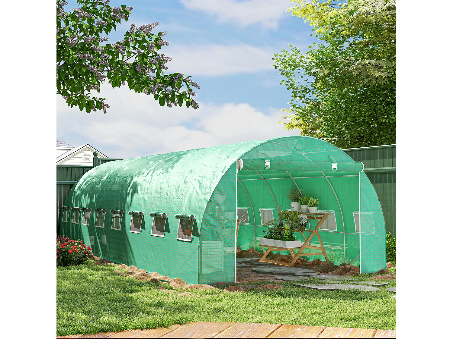 Serre tunnel 24m² dim. 8L x 3l x 2H m - 16 fenêtres, porte zippée - acier galvanisé PE haute densité vert