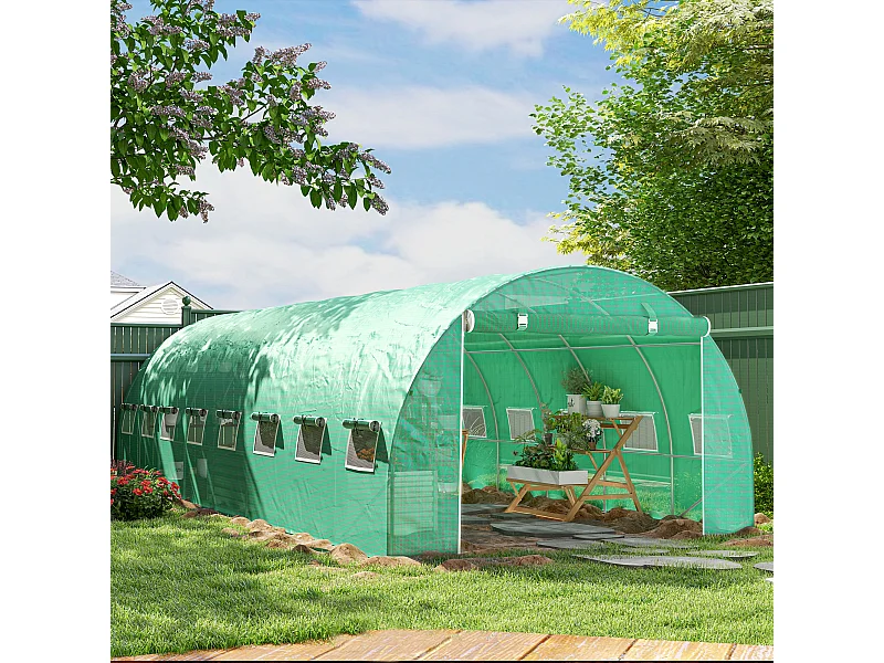 Serre tunnel 24m² dim. 8L x 3l x 2H m - 16 fenêtres, porte zippée - acier galvanisé PE haute densité vert