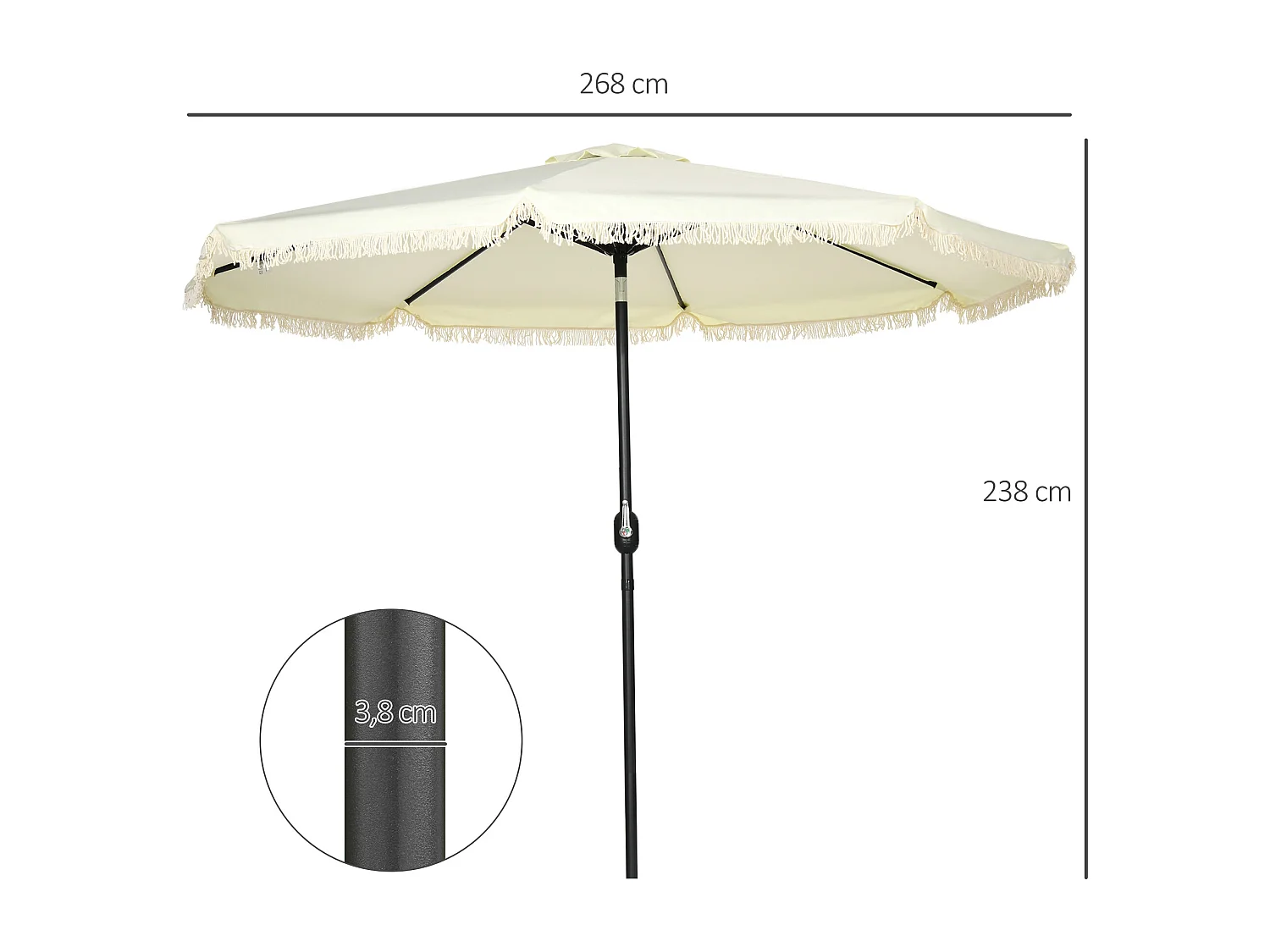 Parasol octogonal inclinable Ø 2,68 x 2,32H m mât acier noir polyester haute densité 180 g/m² crème