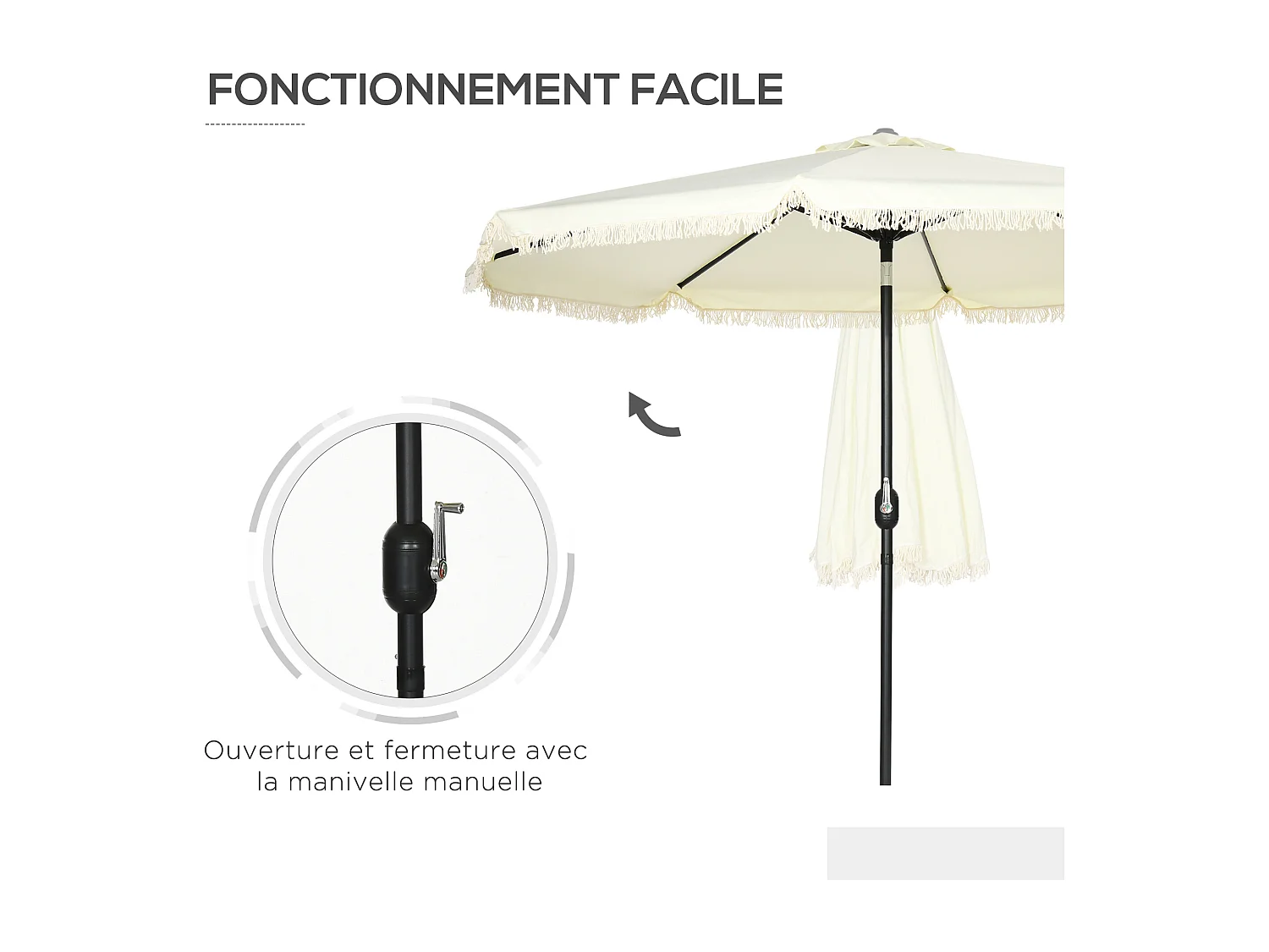 Parasol octogonal inclinable Ø 2,68 x 2,32H m mât acier noir polyester haute densité 180 g/m² crème