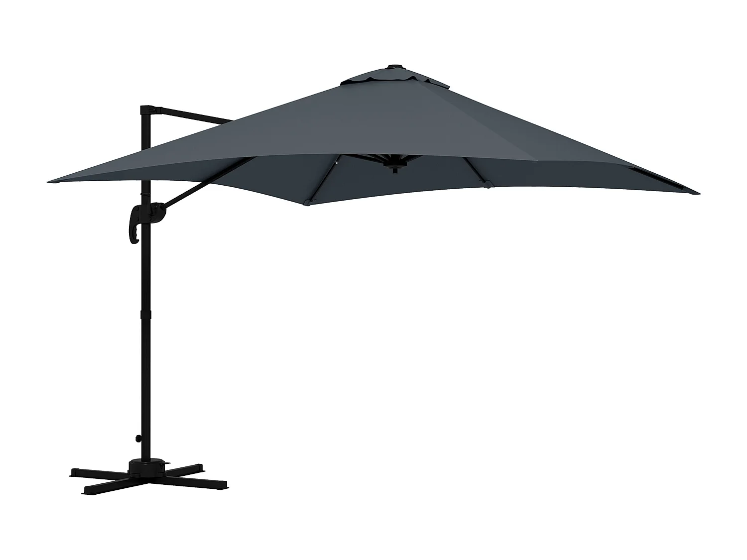 Parasol déporté carré inclinable pivotant 360° manivelle piètement acier dim. 2,95L x 2,95l x 2,66H m gris