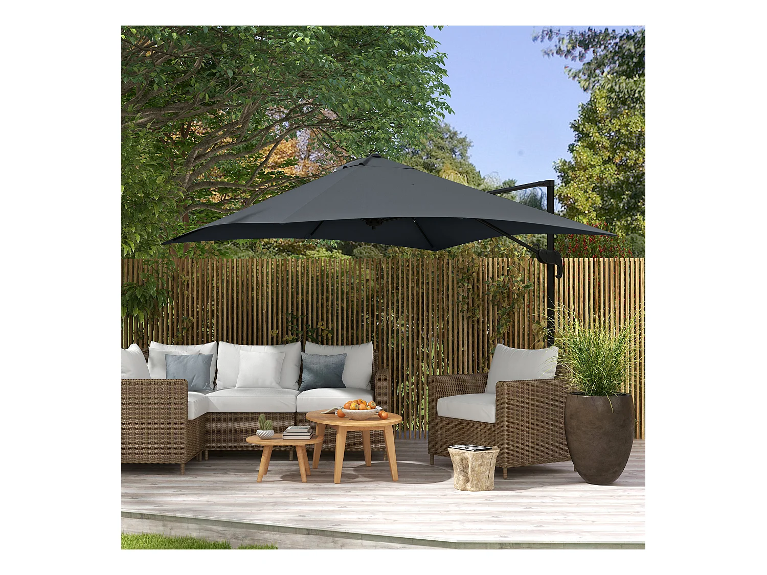 Parasol déporté carré inclinable pivotant 360° manivelle piètement acier dim. 2,95L x 2,95l x 2,66H m gris