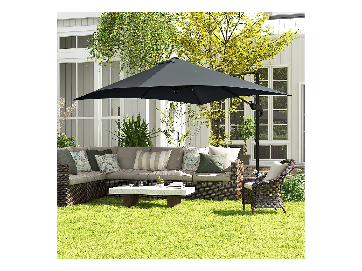 Parasol déporté carré inclinable pivotant 360° manivelle piètement acier dim. 2,95L x 2,95l x 2,66H m gris