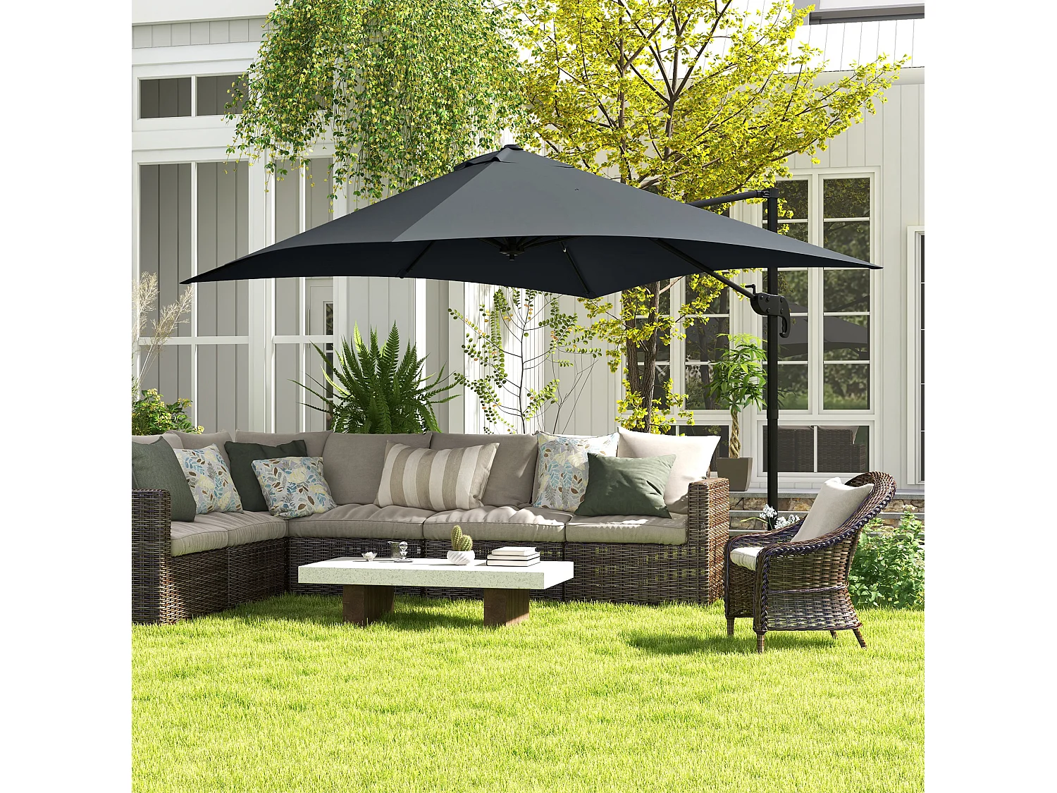 Parasol déporté carré inclinable pivotant 360° manivelle piètement acier dim. 2,95L x 2,95l x 2,66H m gris