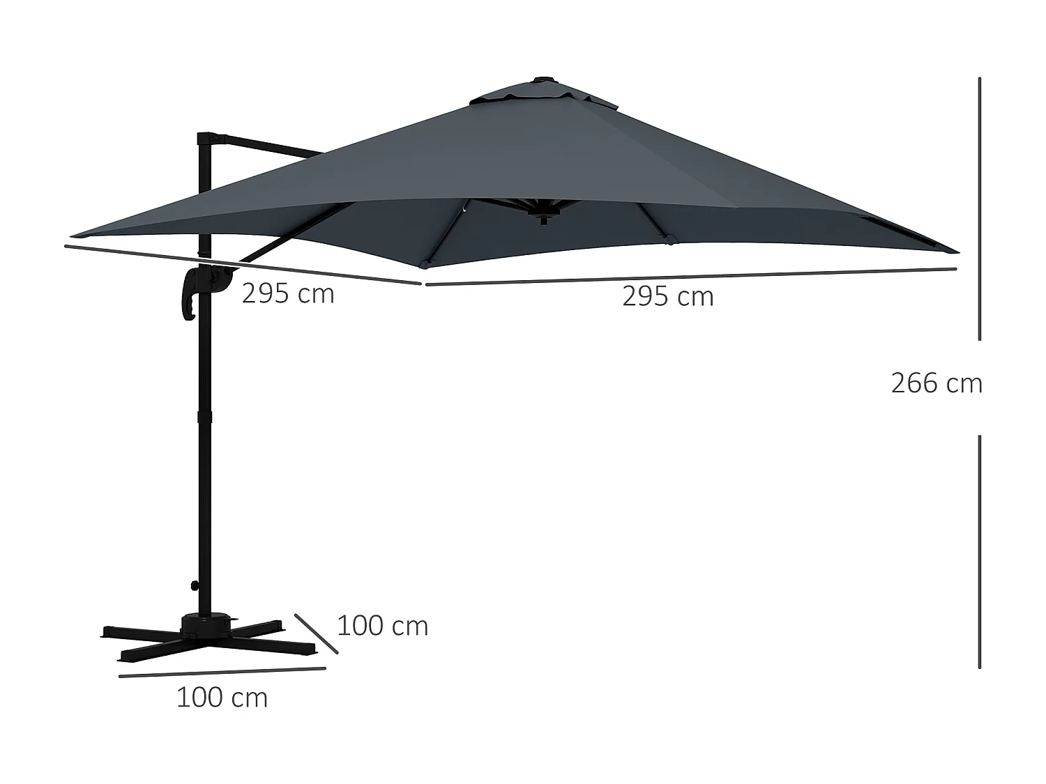Parasol déporté carré inclinable pivotant 360° manivelle piètement acier dim. 2,95L x 2,95l x 2,66H m gris