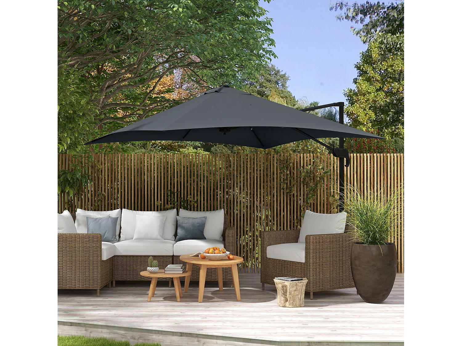 Parasol déporté carré inclinable pivotant 360° manivelle piètement acier dim. 2,95L x 2,95l x 2,66H m gris