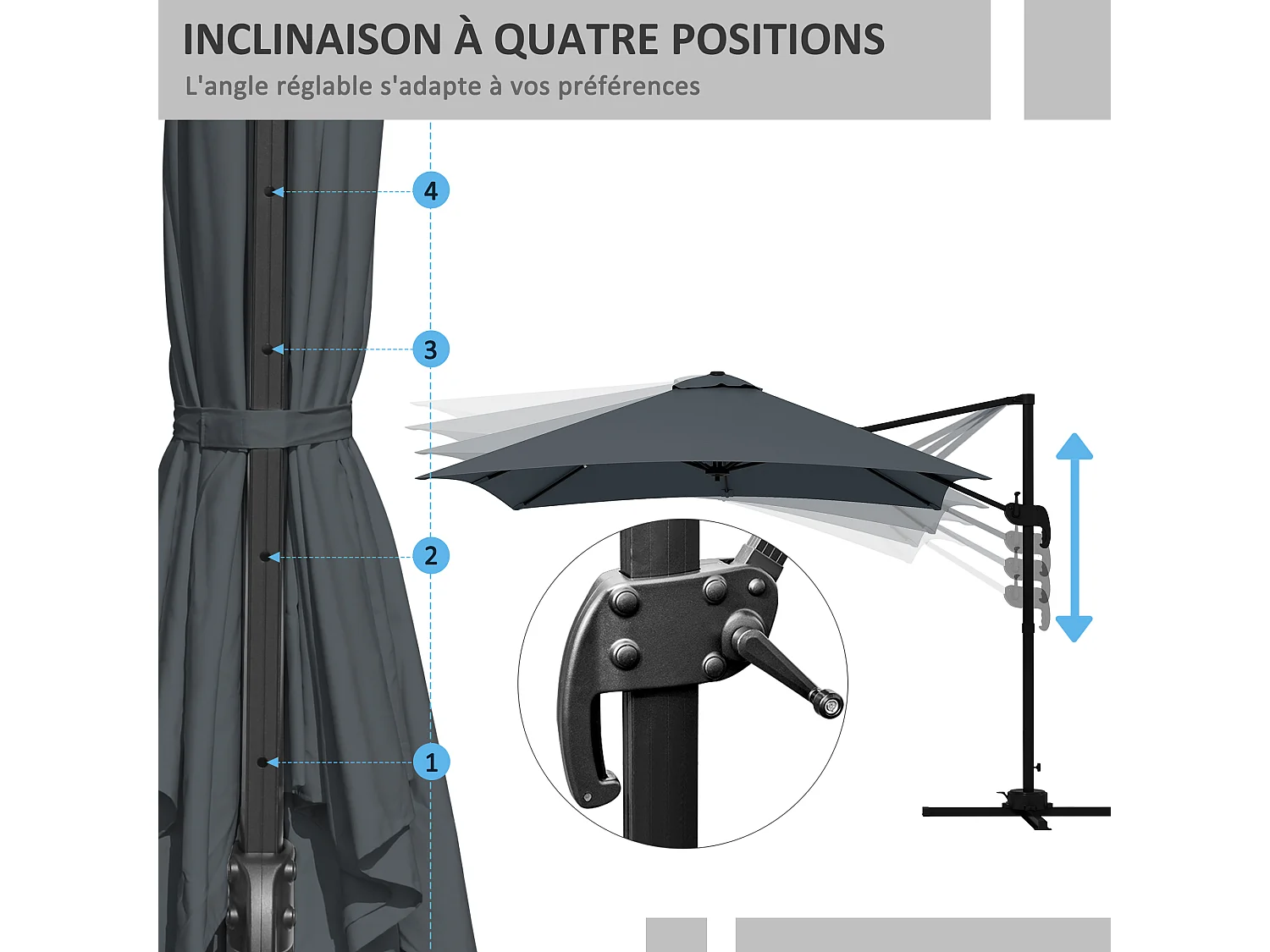 Parasol déporté carré inclinable pivotant 360° manivelle piètement acier dim. 2,95L x 2,95l x 2,66H m gris