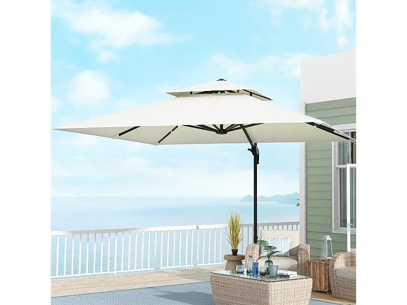 Parasol déporté carré double toit inclinable pivotant manivelle lestage inclus acier polyester écru