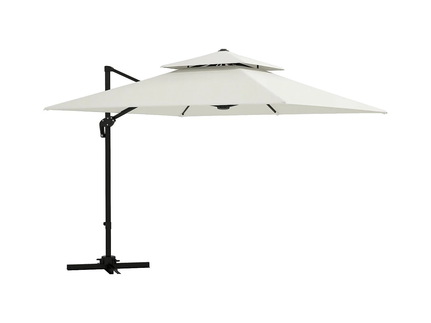 Parasol déporté carré double toit inclinable pivotant manivelle lestage inclus acier polyester écru