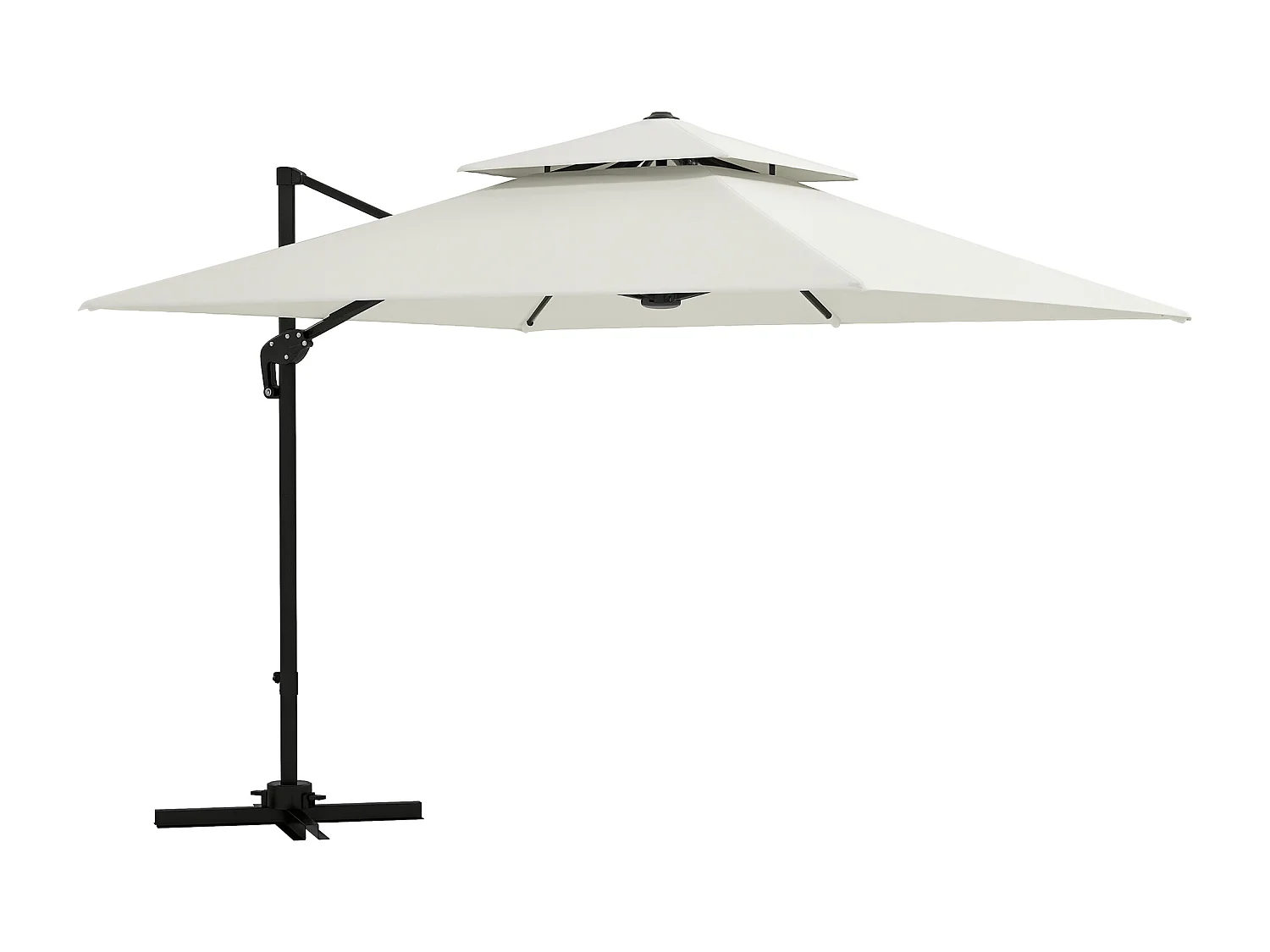 Parasol déporté carré double toit inclinable pivotant manivelle lestage inclus acier polyester écru