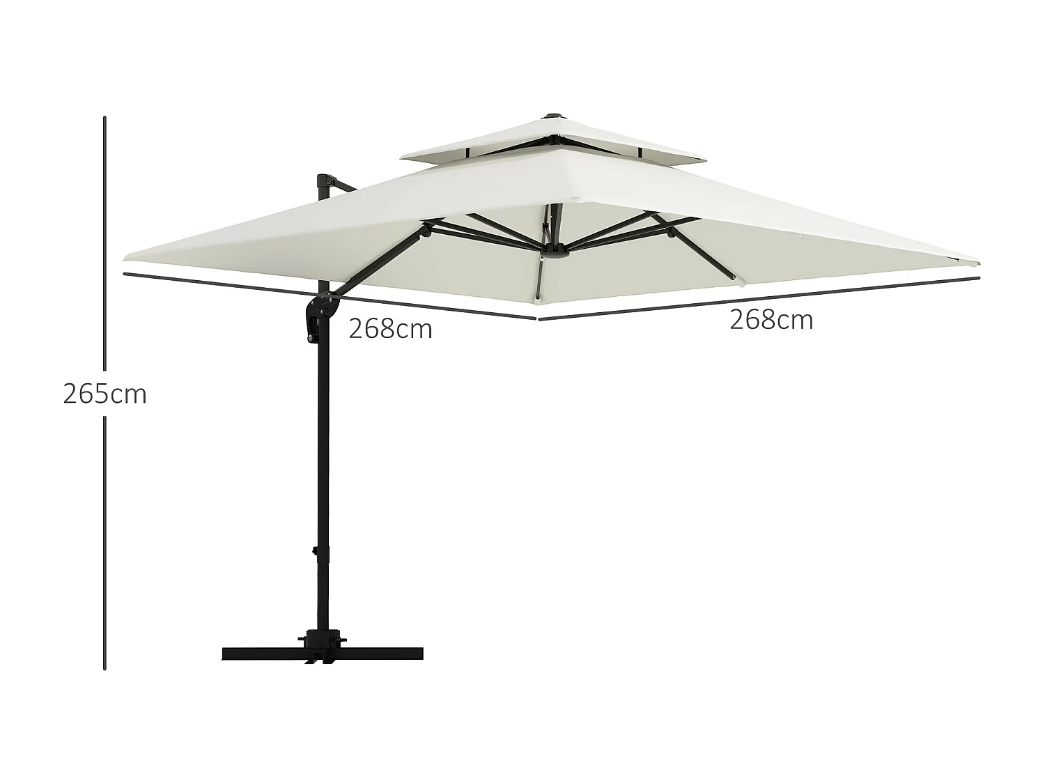 Parasol déporté carré double toit inclinable pivotant manivelle lestage inclus acier polyester écru