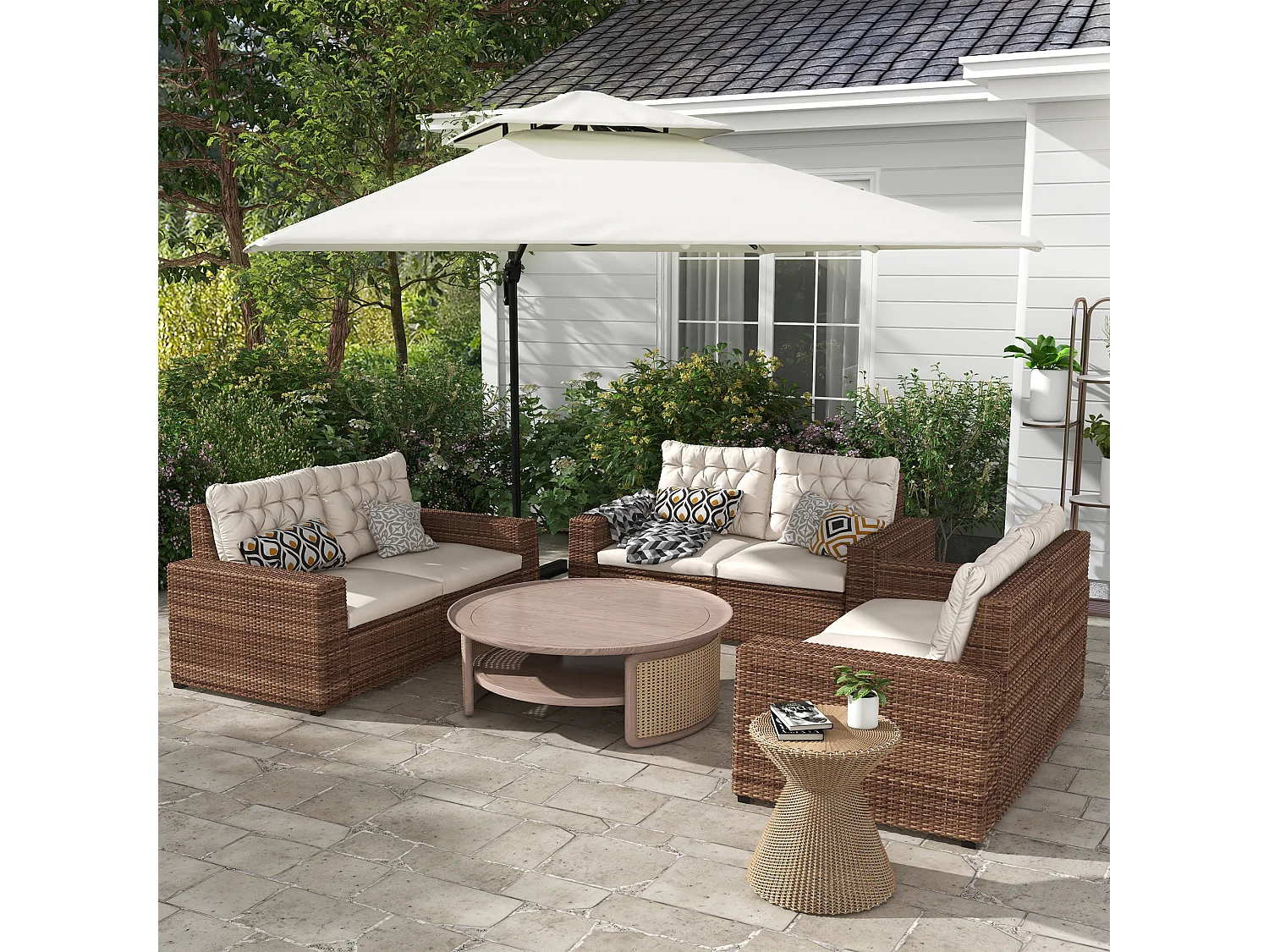 Parasol déporté carré double toit inclinable pivotant manivelle lestage inclus acier polyester écru