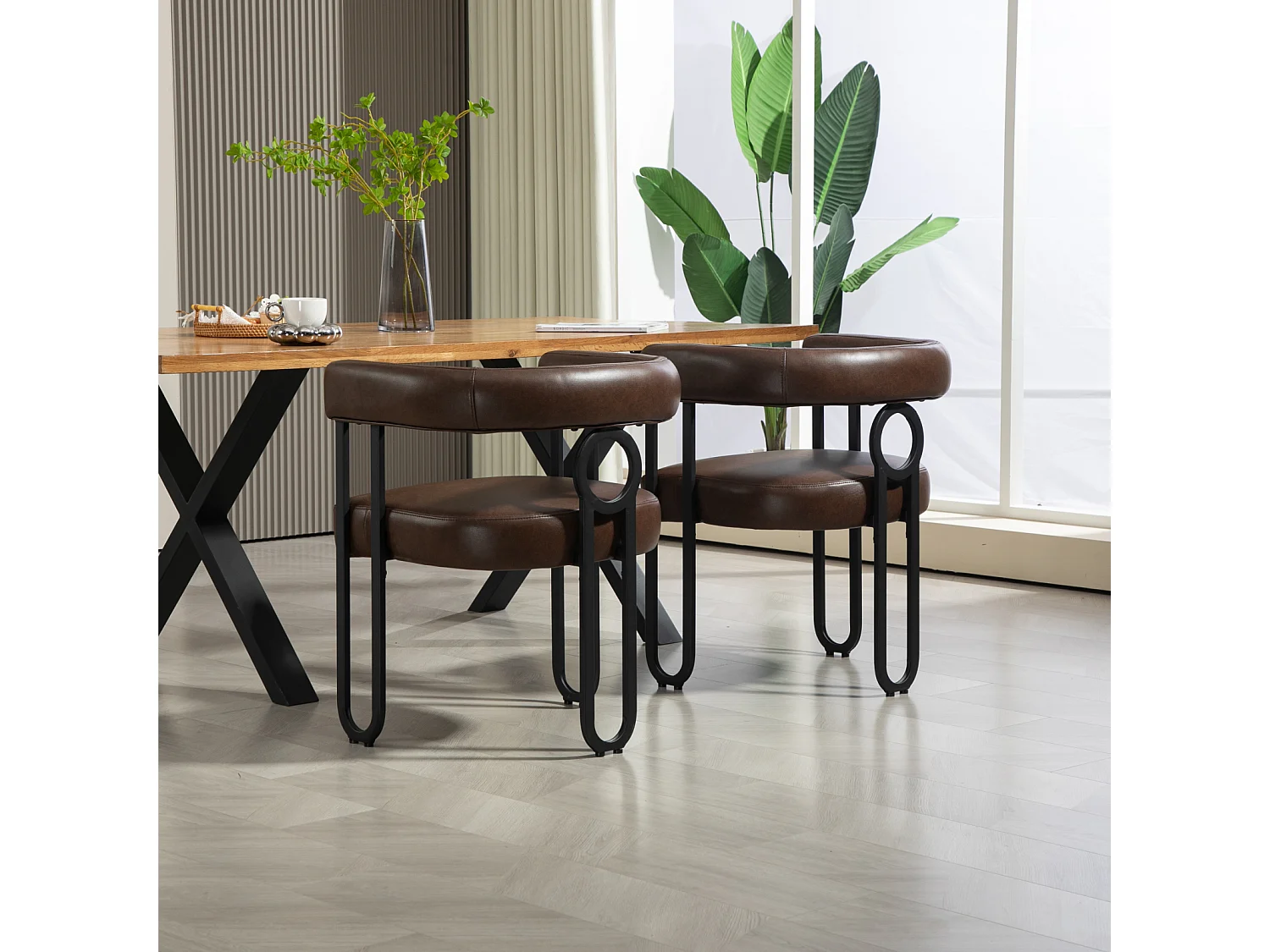 Juego de 2 Sillas de Comedor, con Respaldo Redondo, para Comedor, Salón, Dormitorio, Oficina, Piel Marrón