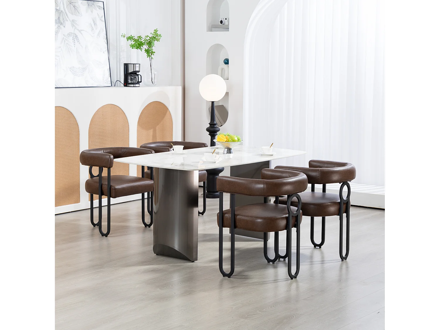 Juego de 2 Sillas de Comedor, con Respaldo Redondo, para Comedor, Salón, Dormitorio, Oficina, Piel Marrón