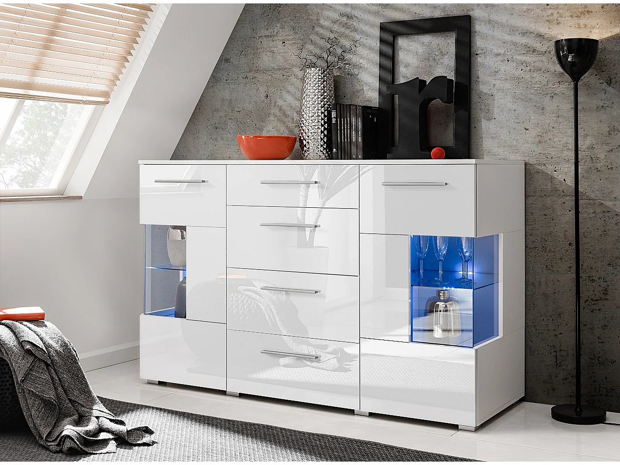 Bahut buffet profond CRYSTAL laqué blanc LED