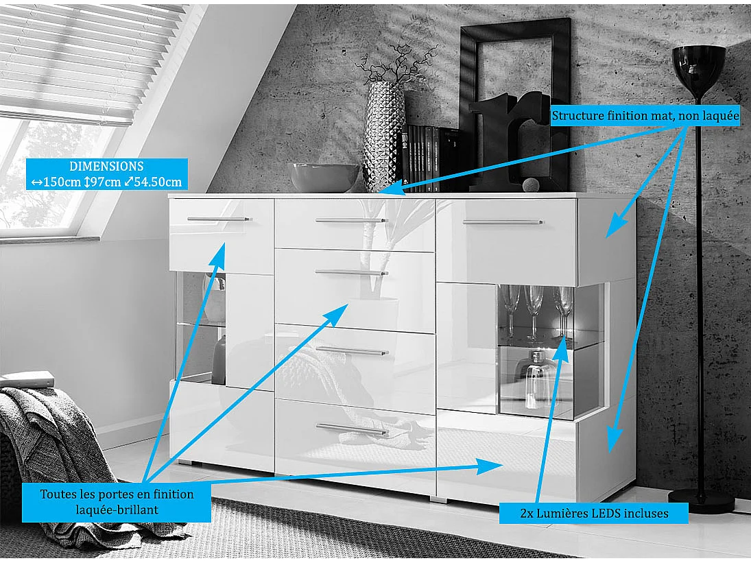 Bahut buffet profond CRYSTAL laqué blanc LED