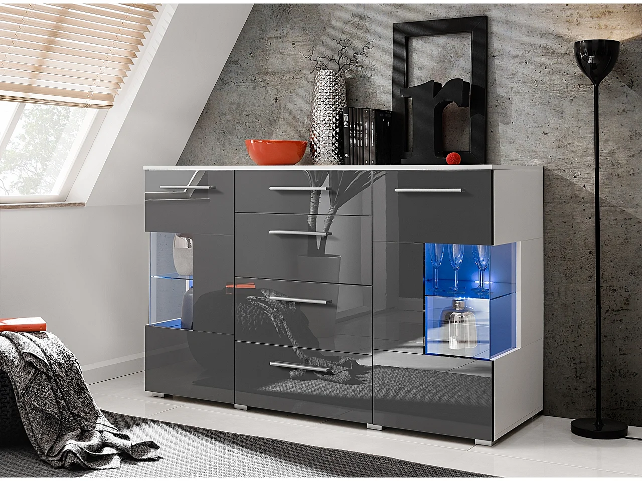 Bahut buffet profond CRYSTAL laqué gris LED