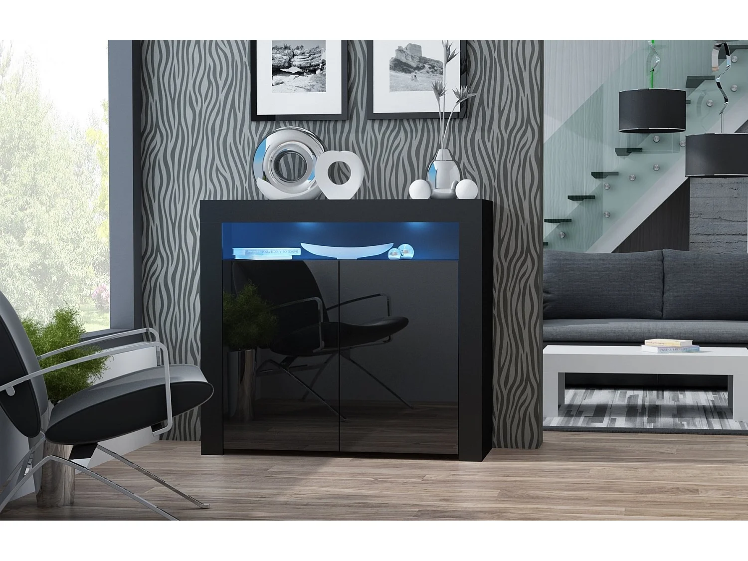 Buffet bahut brillant noir Spider illuminé LED 107 cm Caisson Noir MAT