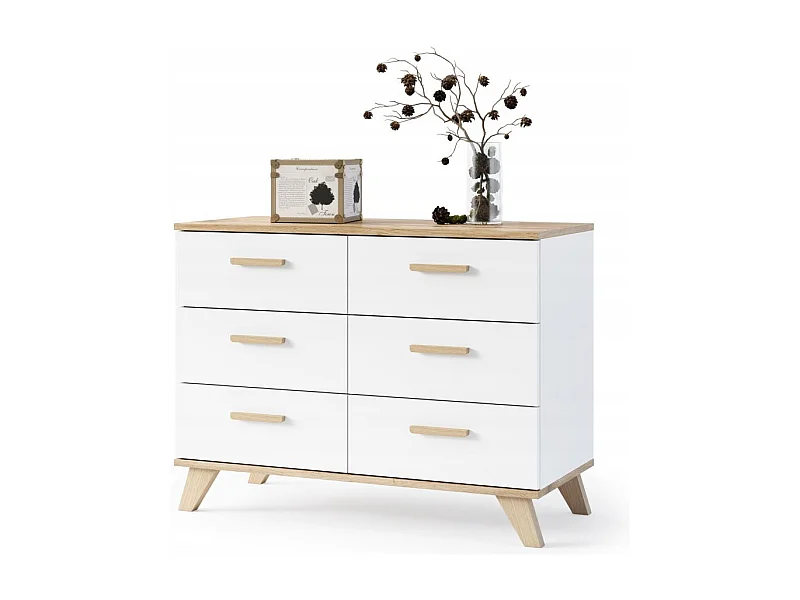 BERGEN Buffet scandinave 100 cm sur pieds Bois et Blanc 6 tiroirs