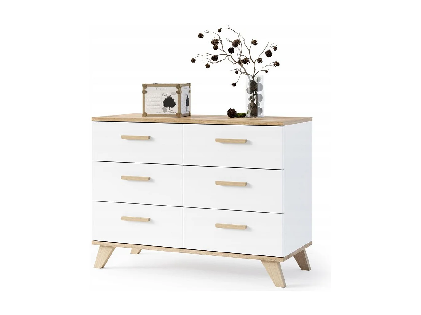 BERGEN Buffet scandinave 100 cm sur pieds Bois et Blanc 6 tiroirs