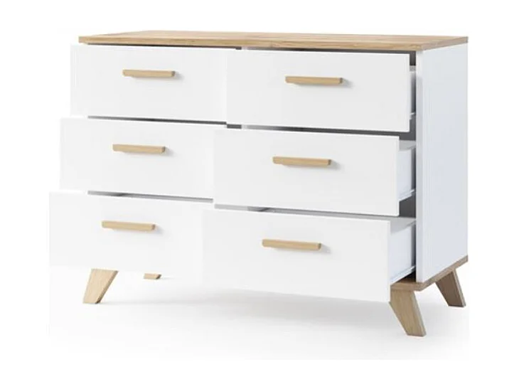 BERGEN Buffet scandinave 100 cm sur pieds Bois et Blanc 6 tiroirs