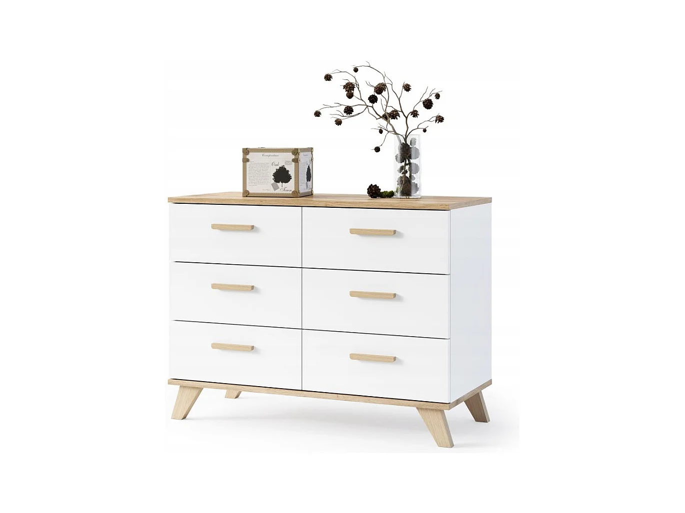 BERGEN Buffet scandinave 100 cm sur pieds Bois et Blanc 6 tiroirs