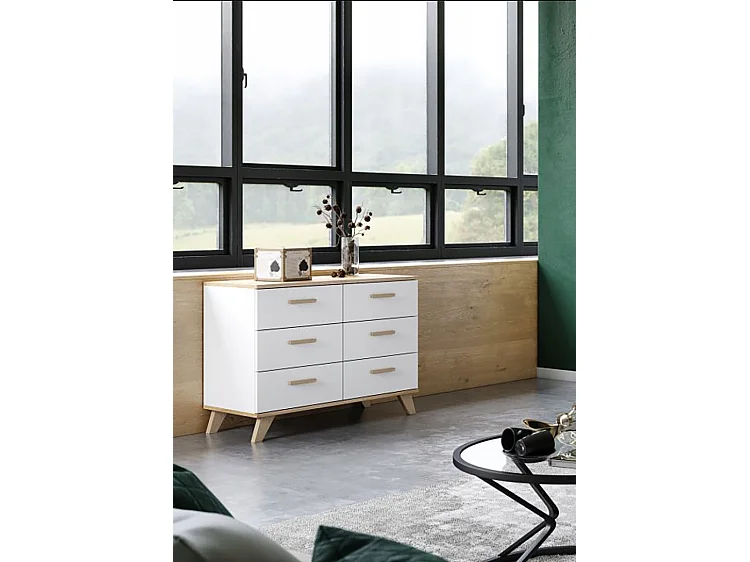 BERGEN Buffet scandinave 100 cm sur pieds Bois et Blanc 6 tiroirs